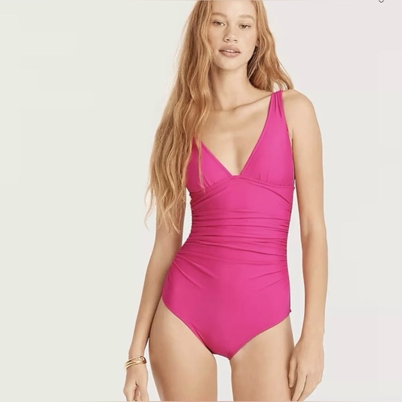 J.Crew Women’s Ruched V-neck one-piece Swimsuit BC116 Size 14 In Radiant Fuchsia - Picture 1 of 5